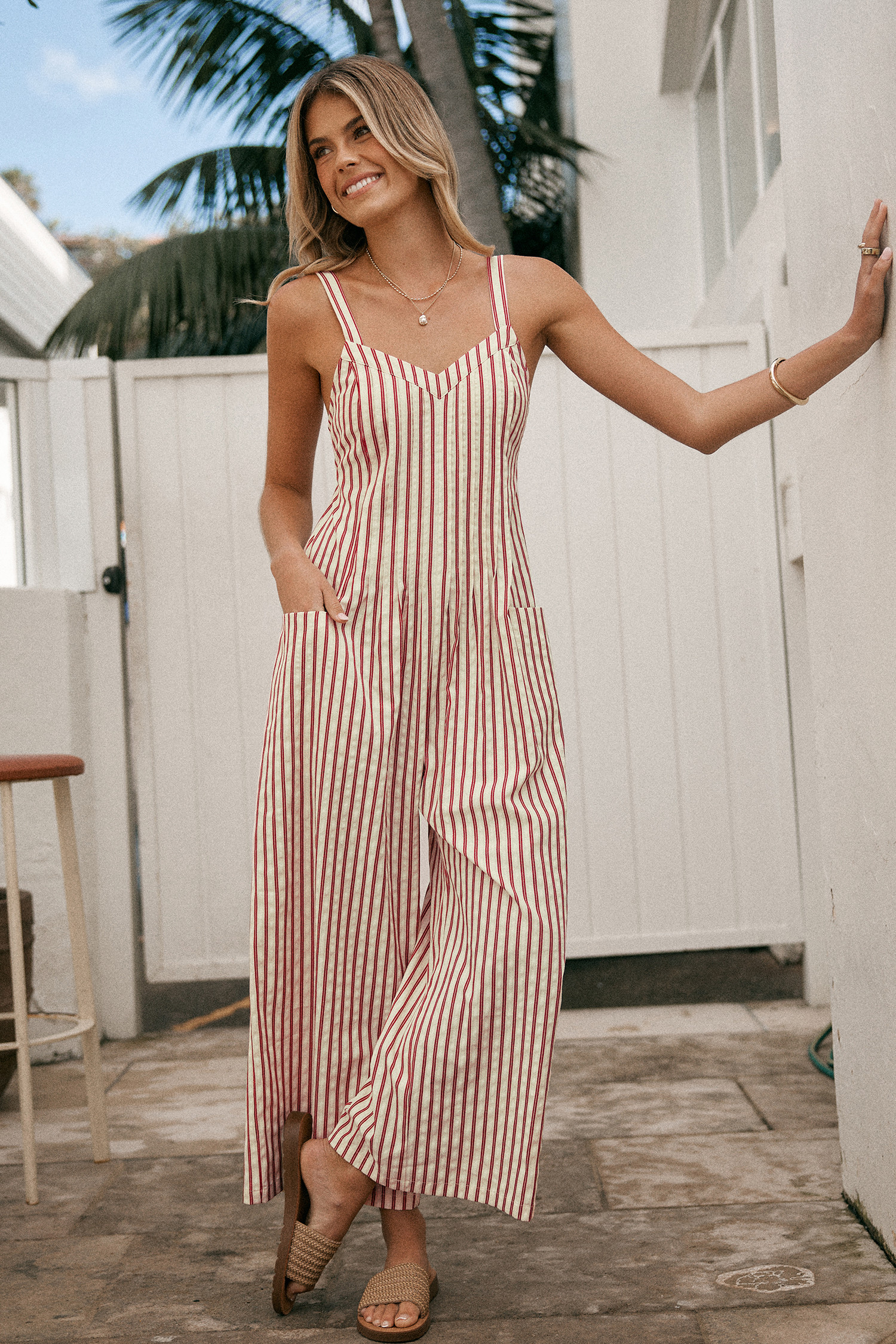 Striped Sleeveless V-Neck Wide Leg Jumpsuit | Cupshe US