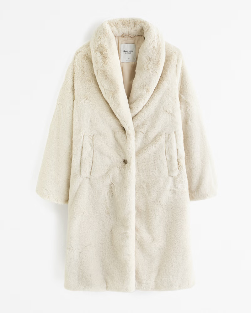 Abercrombie & Fitch Women's Faux Fur Long-Length Coat in Cream - Size XL | Abercrombie & Fitch (US)