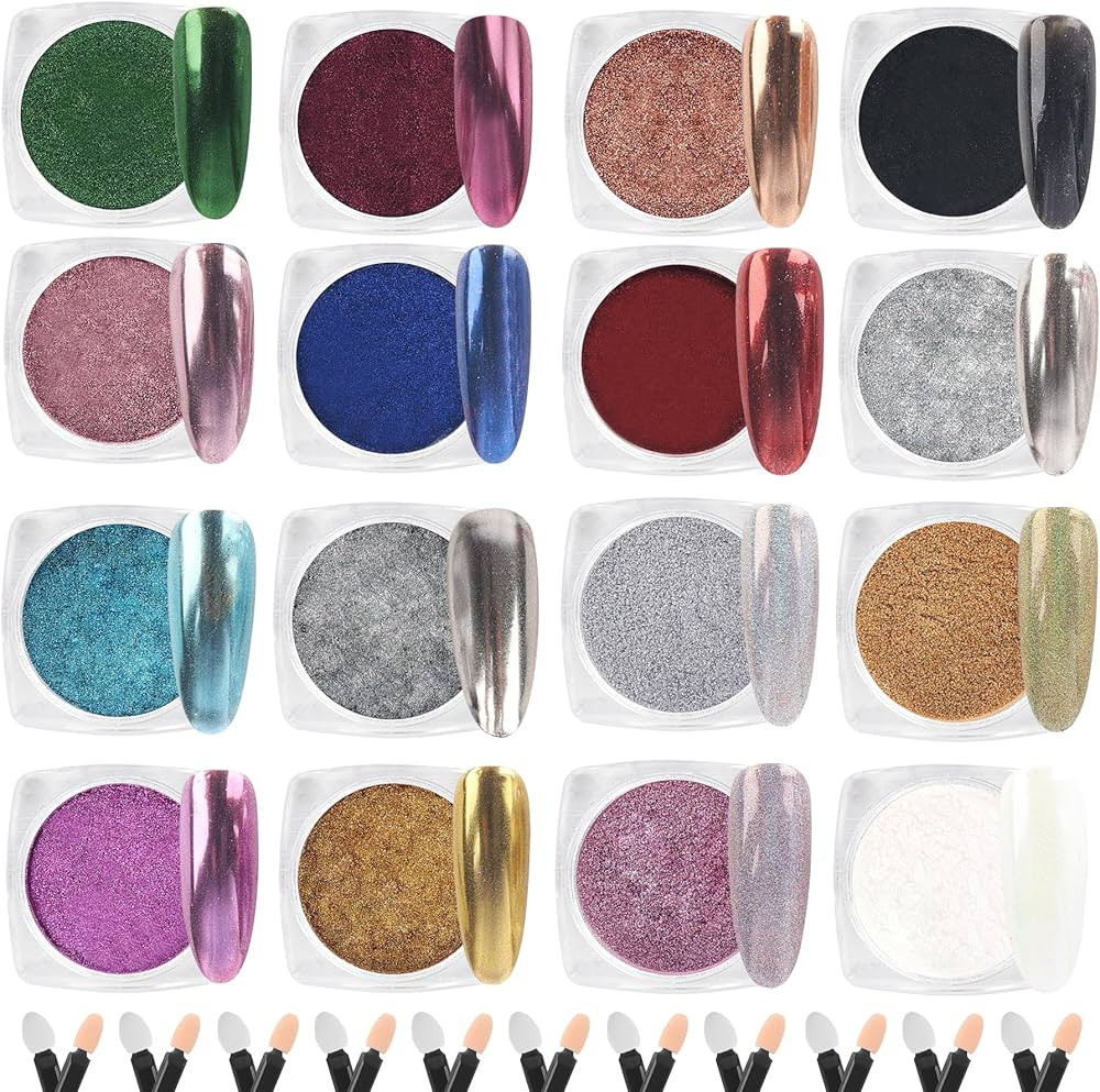 Chrome Nail Powder, 16 Colors Nail Chrome Powder - Mirror Effect Metallic Glitter Powder Kit for ... | Amazon (US)