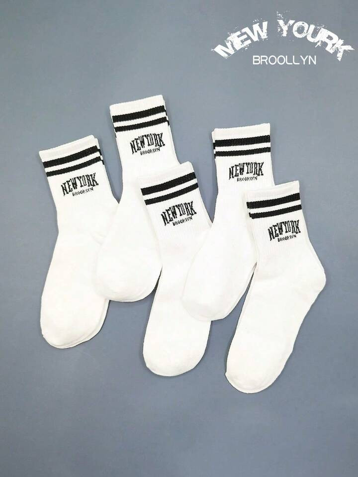 1 Pair Women's Letter Double Bar Mid-Calf Socks, "New York Brooklyn" Fashionable Versatile, Soft And Comfortable Student Sports Socks, Suitable For Holidays, Gifts, Home, Back To School, Travel | SHEIN