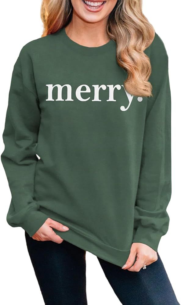 BOUTIKOME Womens Christmas Sweatshirt Merry Letter Printed Shirt Holiday Crewneck Pullover Loose ... | Amazon (US)