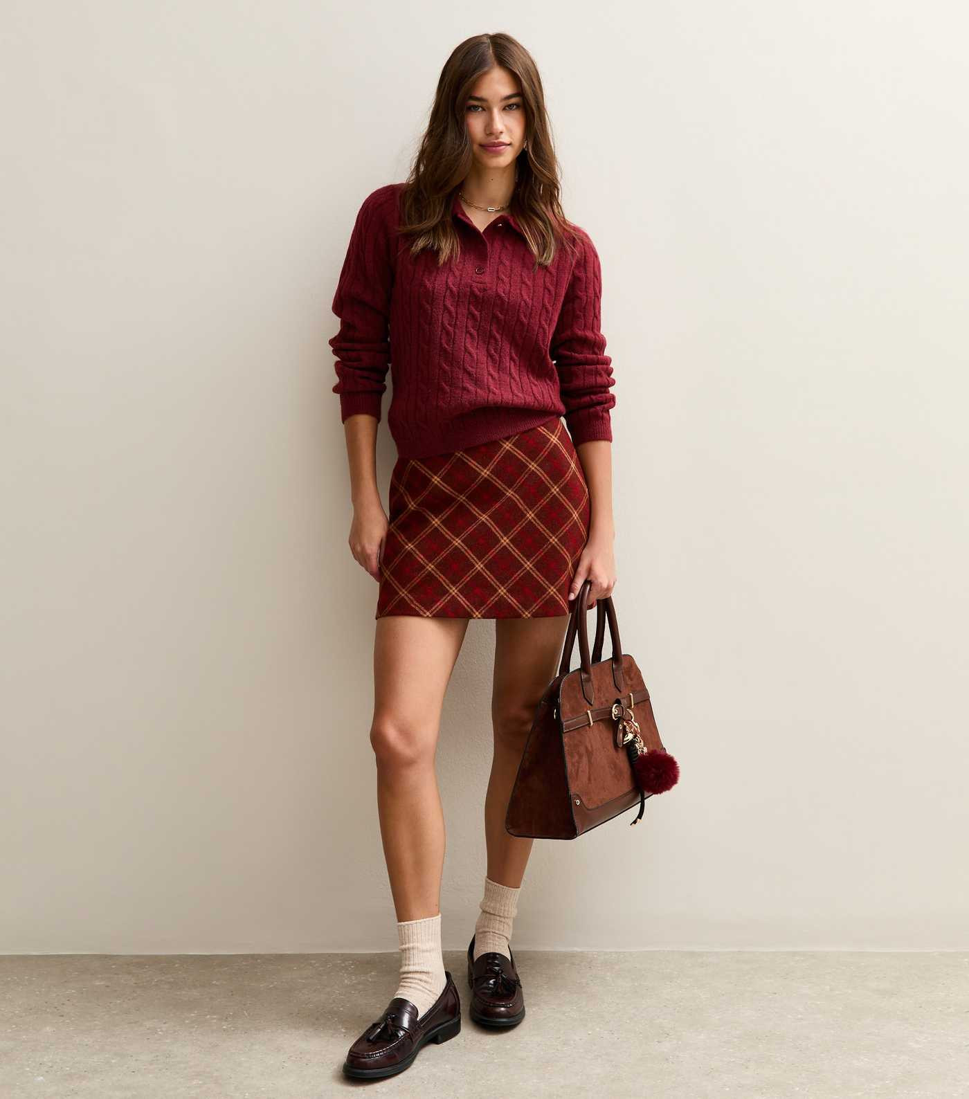Burgundy Cable Knit Button Polo Jumper | New Look | New Look (UK)