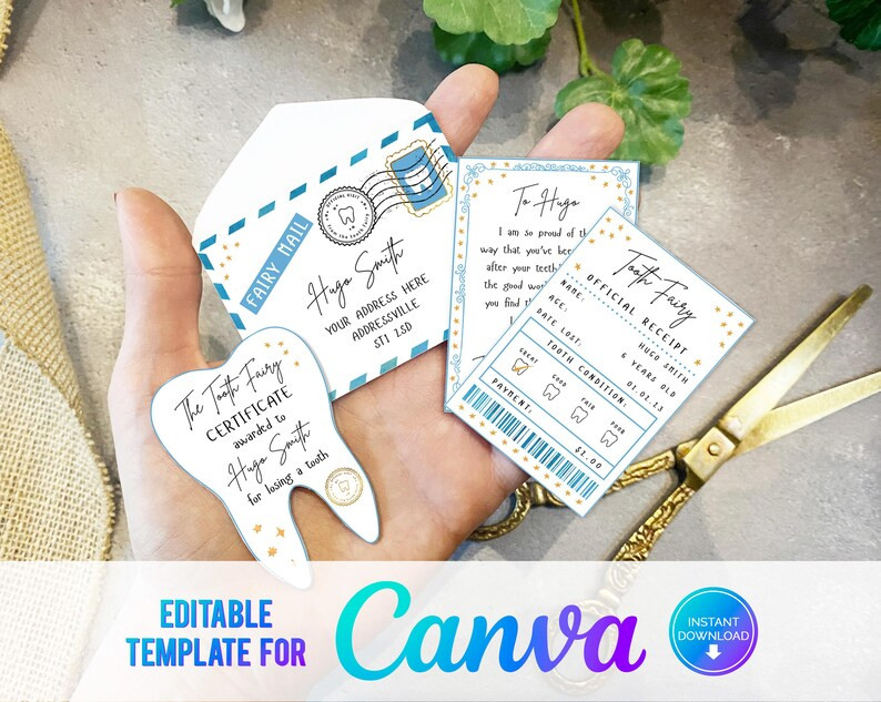 Canva, Printable Mini Tooth Fairy Set Blue With Envelope, Receipt and Fairy Letter, Instant Downl... | Etsy (US)