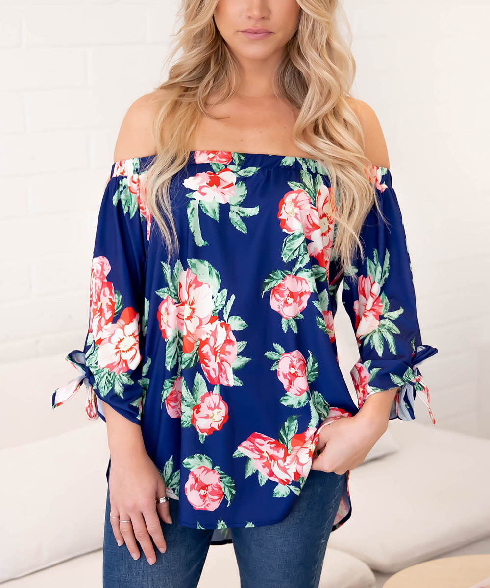 Tickled Teal Women's Tunics Navy - Navy Floral Off-Shoulder Top - Women | Zulily