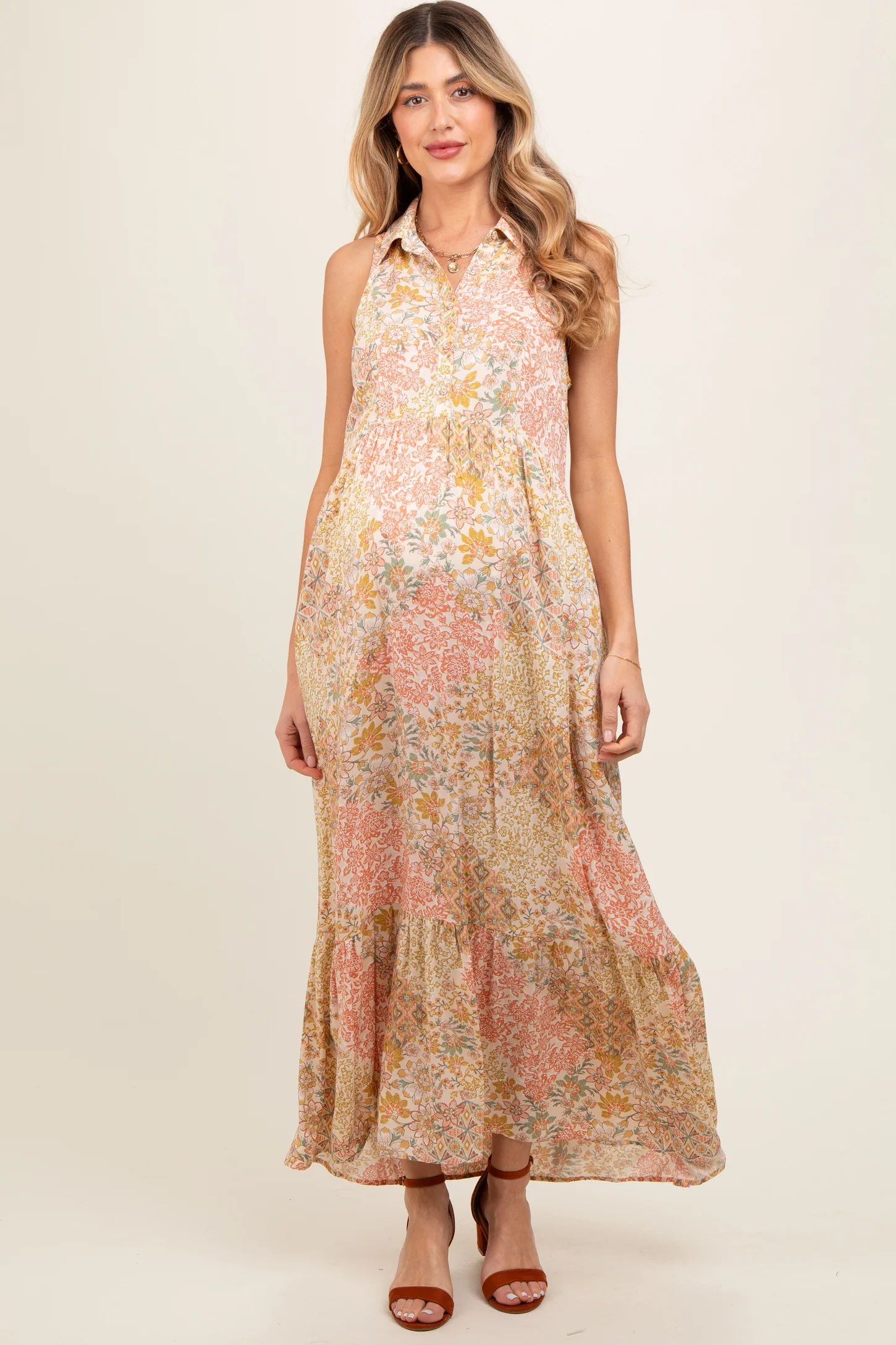 Peach Floral Sleeveless Button Tiered Collared Maternity Maxi Dress | PinkBlush Maternity