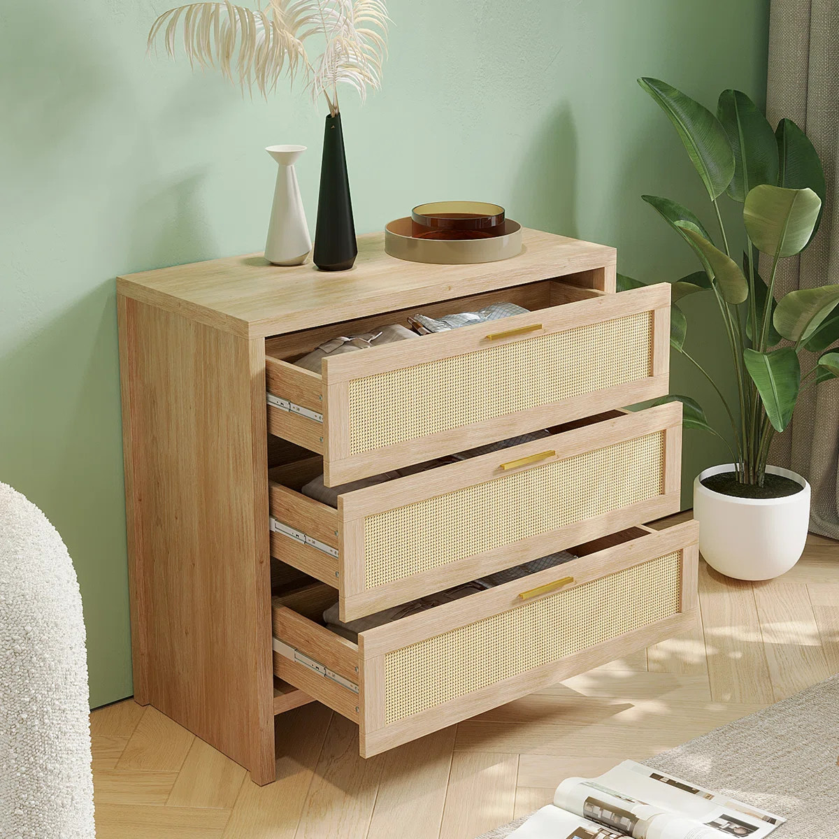 31.5" W  Rattan Drawers Dresser, Chest of 3 Drawers, Natural Wood Color, for Bedroom, Hallway, Li... | Wayfair North America