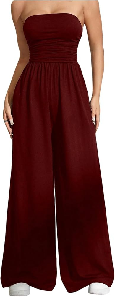 OYOANGLE Women's Strapless Jumpsuits Ruched Wide Leg Long Pants Romper | Amazon (US)