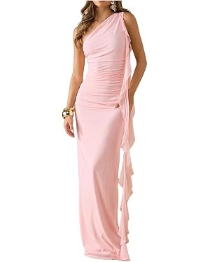 OYOANGLE Women's One Shoulder Sleeveless Maxi Dress Bodycon Ruched Ruffle Wedding Guest Dress | Amazon (US)