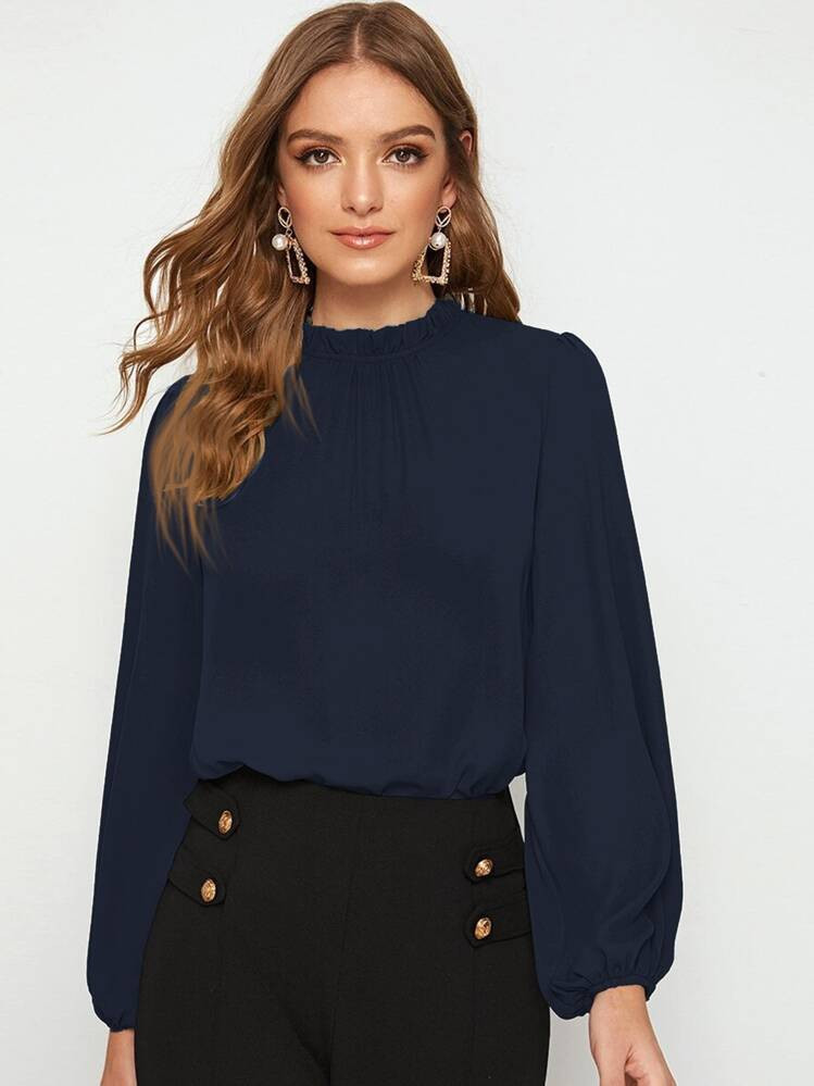SHEIN Clasi Frill Neck Lantern Sleeve Top Navy Blue Blouseblouses Elegant | SHEIN
