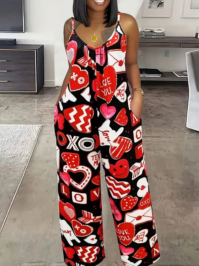 Women's Valentine's Day Jumpsuit Plus Size Heart Letter - Temu | Temu Affiliate Program