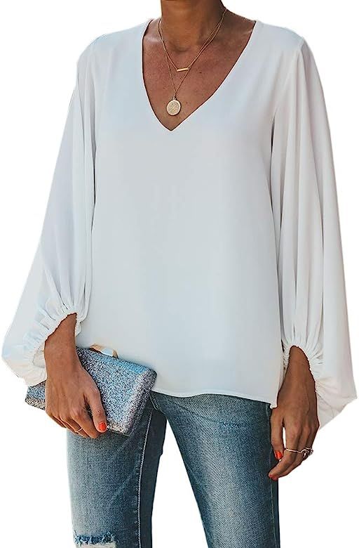 Womens Oversized Lantern Sleeve Chiffon Blouse Tops Casual Loose V Neck Shirts Pullover | Amazon (US)