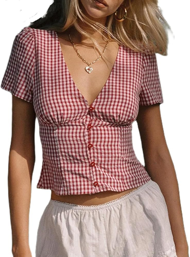 Women Y2k Coquette Button Down Shirt Cute Button Up Cap Sleeve V Neck Preppy Slim Fit Summer 90s ... | Amazon (US)