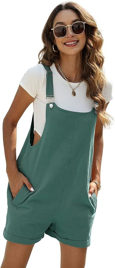 Athlisan Women's Cotton Linen Short Overalls Cute Bib Shortalls Rompers with Pockets | Amazon (US)