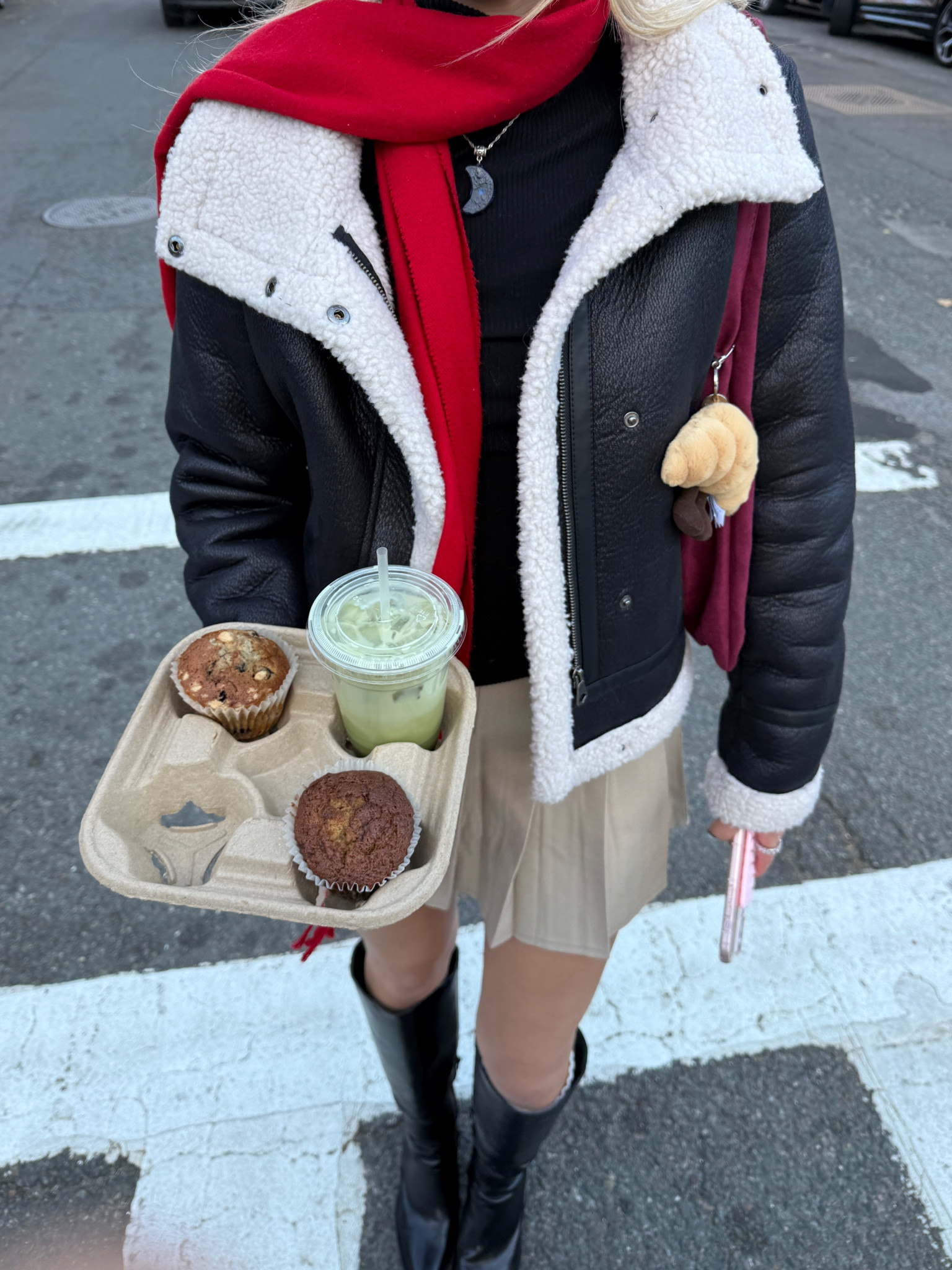 this outfit is too cutey

Winter coat, winter outfit, aviator jacket, pleated skirt, knee high boots