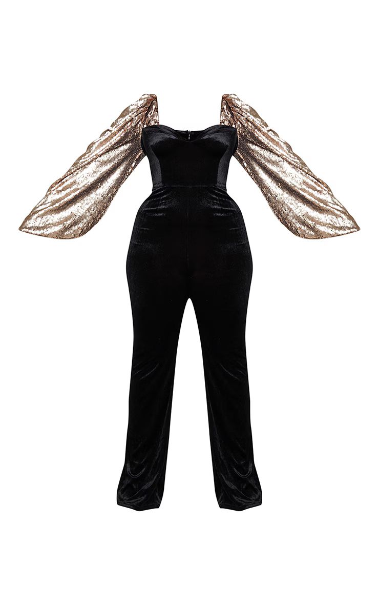 Plus Black Sequin Balloon Sleeve Velvet Jumpsuit | PrettyLittleThing US