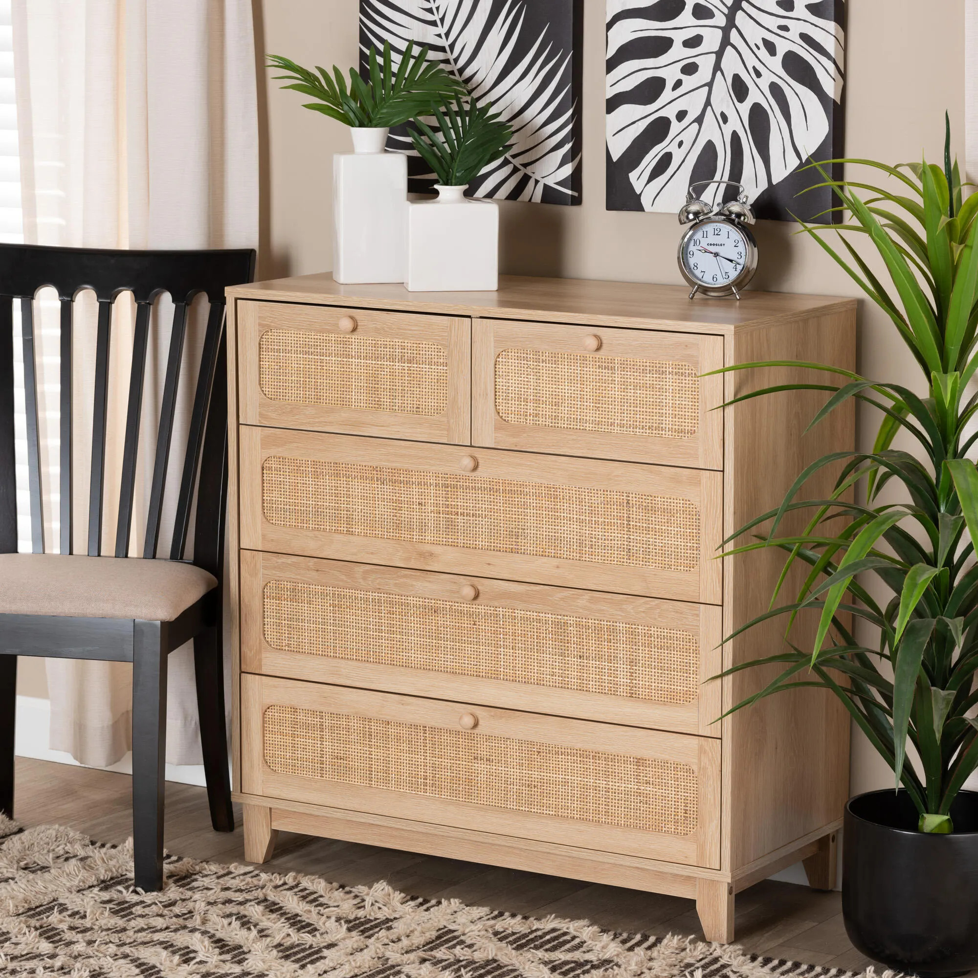 Baxton Studio Elsbeth Natural Rattan 5 Drawer Storage Cabinet | Ashley | Ashley