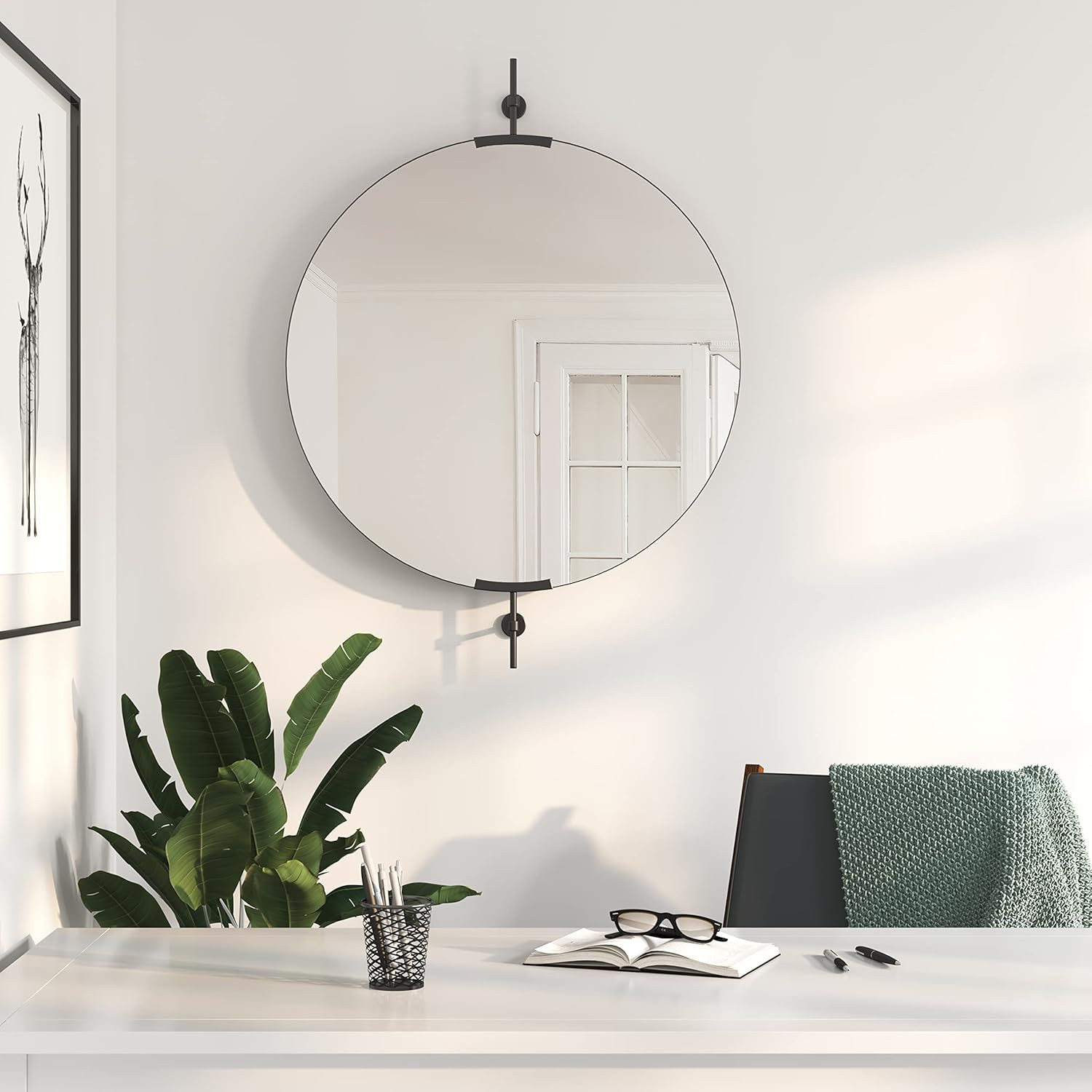 NXHOME 32 Inch Farmhouse Black Round Metal Pivot Bathroom Mirror Tilting Beveled Vanity Mirrors f... | Amazon (US)