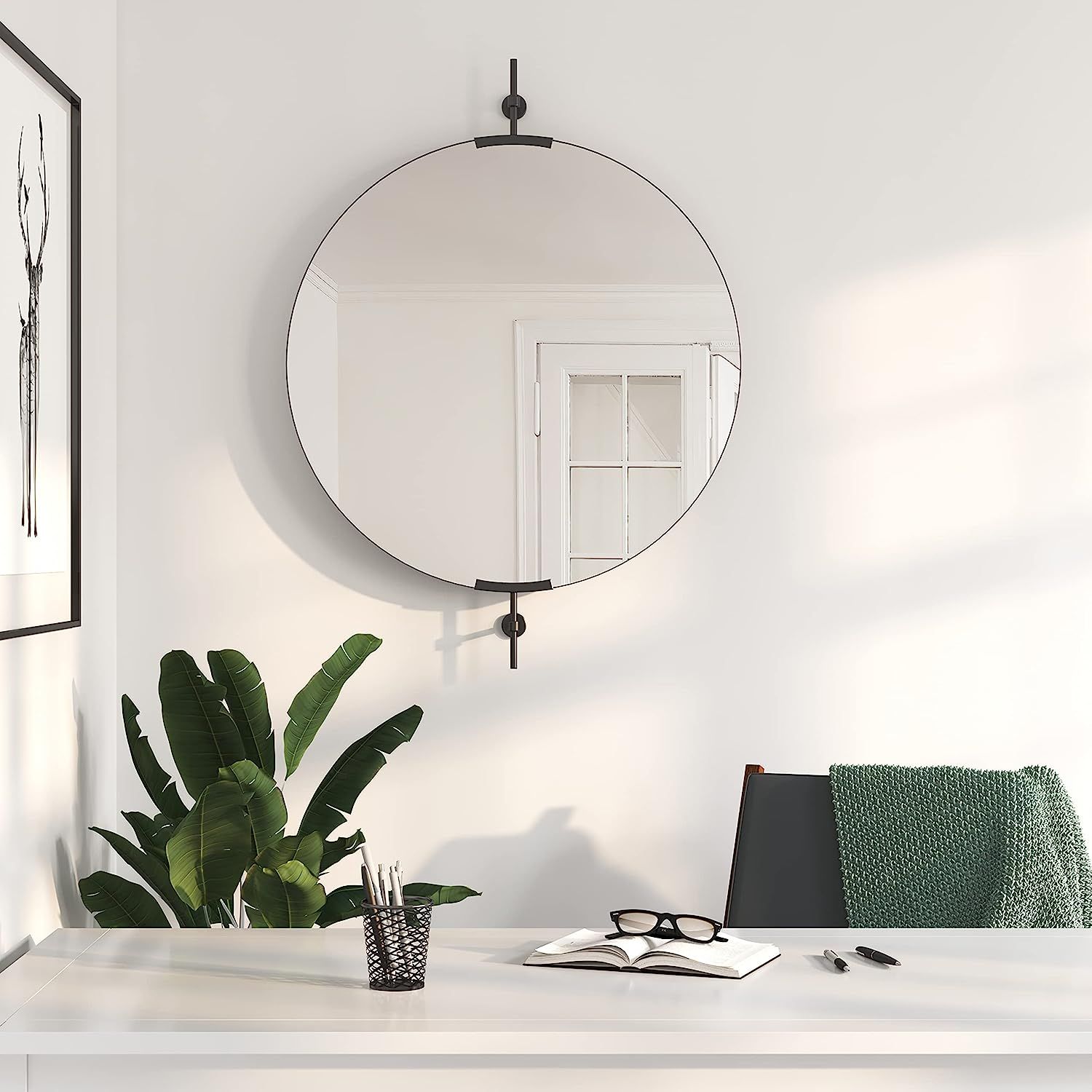 NXHOME 32 Inch Farmhouse Black Round Metal Pivot Bathroom Mirror Tilting Beveled Vanity Mirrors f... | Amazon (US)