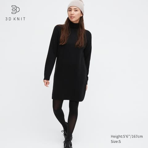 100% Cashmere 3D Knit Turtleneck Mini Dress | UNIQLO UK | UNIQLO (UK)