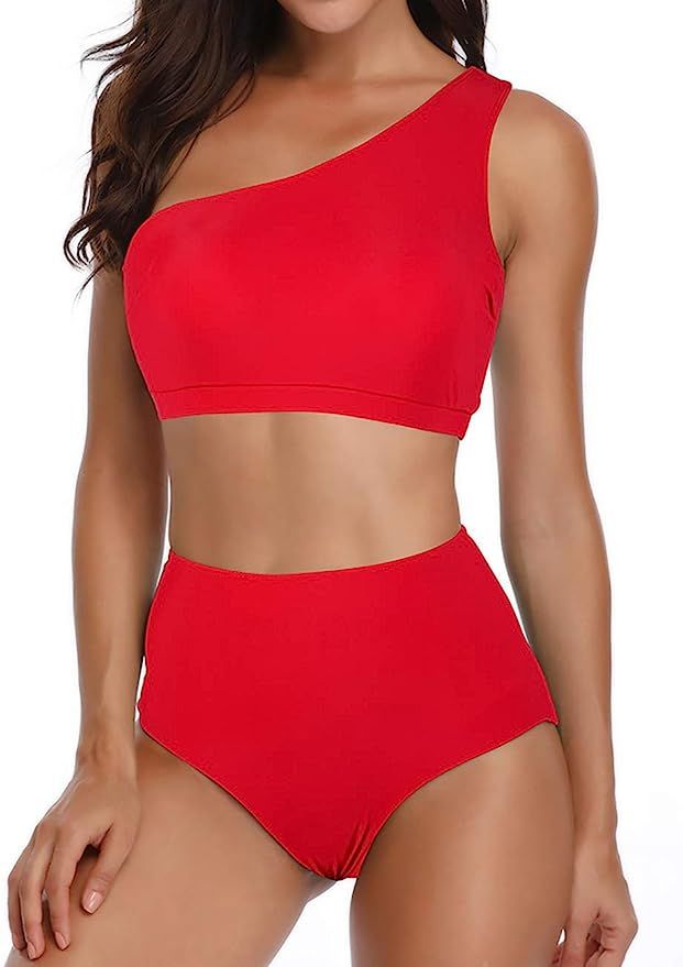 NAFLEAP Women One Shoulder Swimsuit Tankini High Waist Bikini Set 2 Pieces Push Up Bathing Suit | Amazon (US)