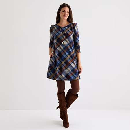 Jessica Howard Womens 3/4 Sleeve Plaid Shift Dress, Petite Large, Blue | JCPenney