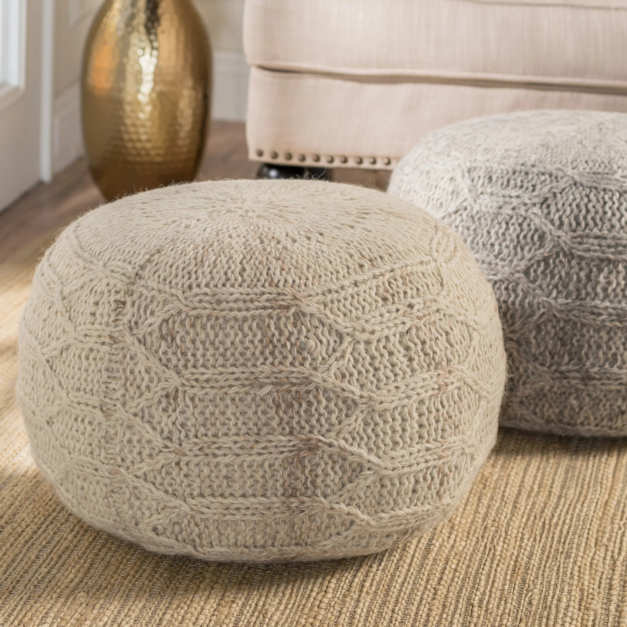 Noble House Handcrafted Boho Fabric Pouf, Ivory | Walmart (US)