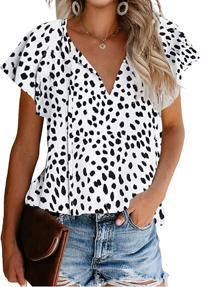 Mansy Women's Casual Floral Print V Neck Ruffle Short Sleeve Summer Shirts Tops Loose Blouses | Amazon (US)