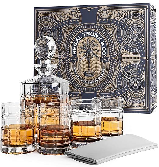 REGAL TRUNK & CO. Whiskey Decanter Set with Glasses, 4 Square Engraved Tumblers Whisky Decanter &... | Amazon (US)
