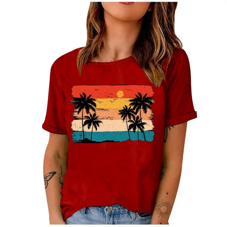 Short Sleeve Beach Tops Vintage Casual Tee Crewneck for Women 2023 Country Graphic Western Shirts... | Walmart (US)