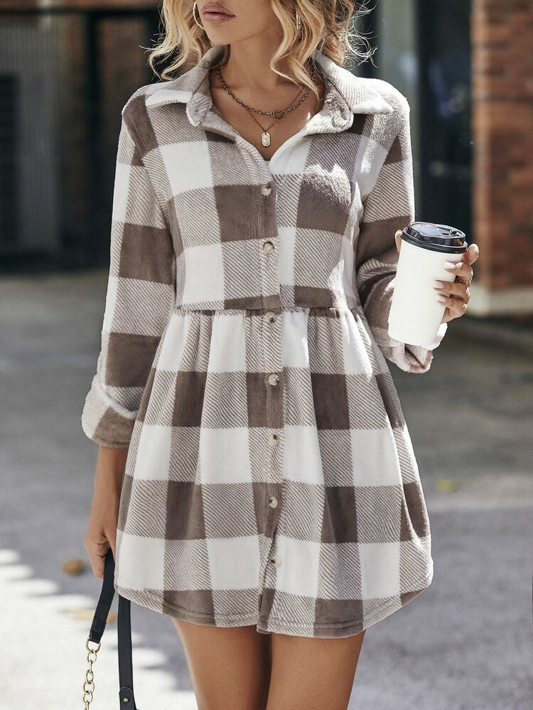 Felegant Buffalo Plaid Print Button Front Smock Dress | SHEIN