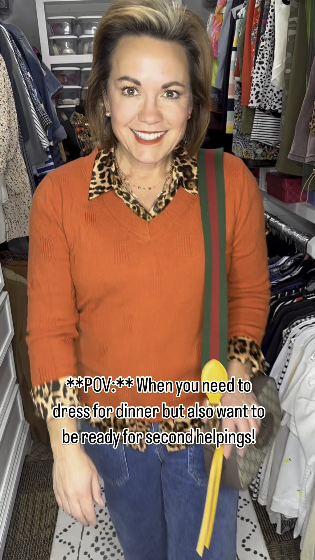 Today’s OOTD is all about comfort and style, perfect for indulging in all the delicious treats this Thanksgiving! I’ve paired my comfy wide-leg cropped jeans with a chic leopard print button-down that adds a fun twist to the classic fall look. To keep cozy while looking fabulous, I layered a rust-colored V-neck sweater on top—because who says you can’t have both? 

Accessorizing with layered coral necklaces and coral stud earrings adds a pop of color, while my brown Chelsea boots keep it practical for all the running around. And of course, a neutral handbag to tie everything together! 

This look is not just stylish; it’s designed for comfort, so you can enjoy every bite of your Thanksgiving feast without feeling restricted. Whether you’re hosting or just bringing dessert, this outfit is a great choice for your Thanksgiving dinner! 

✨ What’s your go-to Thanksgiving outfit? Let me know in the comments! 

👉 Save this post for your next outfit inspiration. 

Comment “SHOP” below to get a DM with the link to my LTK! ⬇ https://liketk.it/4Xss1

⭐️⭐️ Don’t forget to follow me for the link! ⭐️⭐️ 

Thanksgiving outfit, OOTD, comfortable fashion, stylish Thanksgiving dinner, fall fashion, leopard print, chic outfit ideas

#ThanksgivingOutfit #OOTD #FallFashion #ComfyChic #LeopardPrint #ThanksgivingStyle #WideLegJeans #FashionInspo #StyleInspiration #ThanksgivingDinner #arachcloz #blackfriday #blackfridaysale #cybermonday

#LTKStyleTip #LTKHoliday #LTKSeasonal