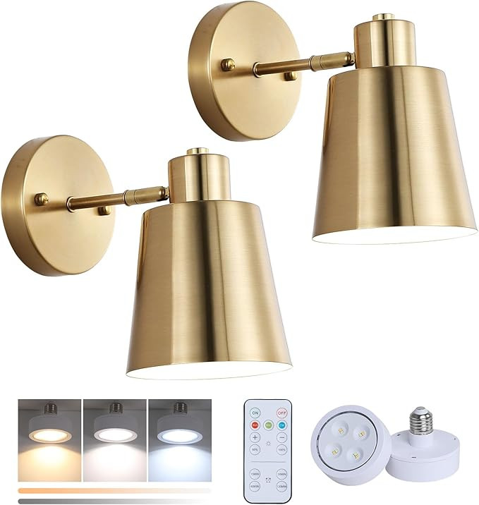 Battery Operated Wall Sconce Set of Two,Gold Modern with Remote Control Dimmable Wall Lighting In... | Amazon (CA)