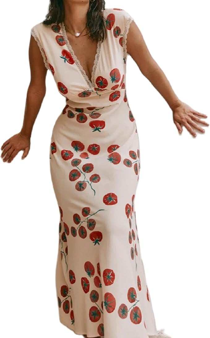 Juakoso Women Y2K Floral Printed Maxi Dress V Neck Backless Long Dress Sleeveless Going Out Sundr... | Amazon (US)