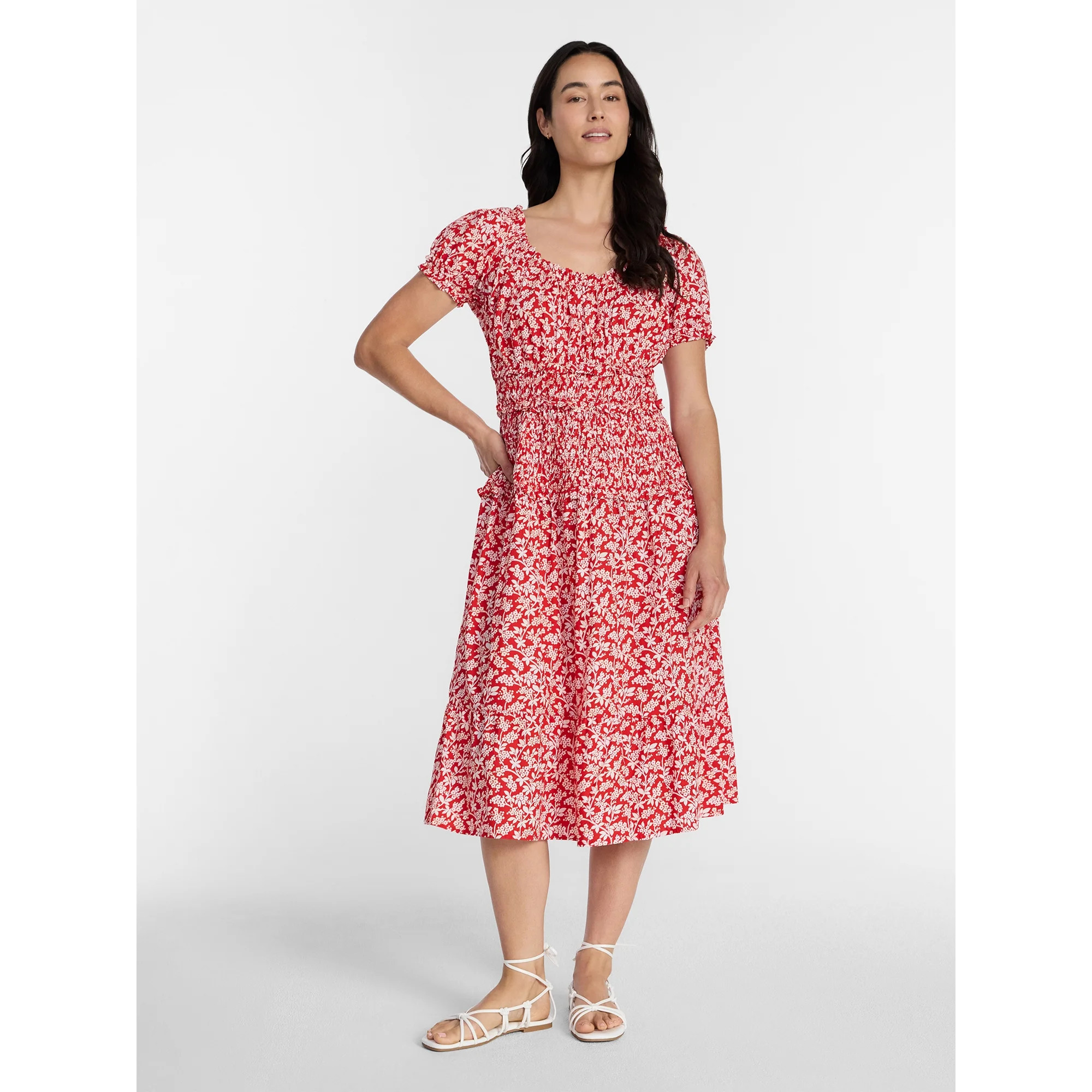 Time and Tru Women's Smocked Cotton Peasant Midi Dress, Sizes XS-XXXL | Walmart (US)