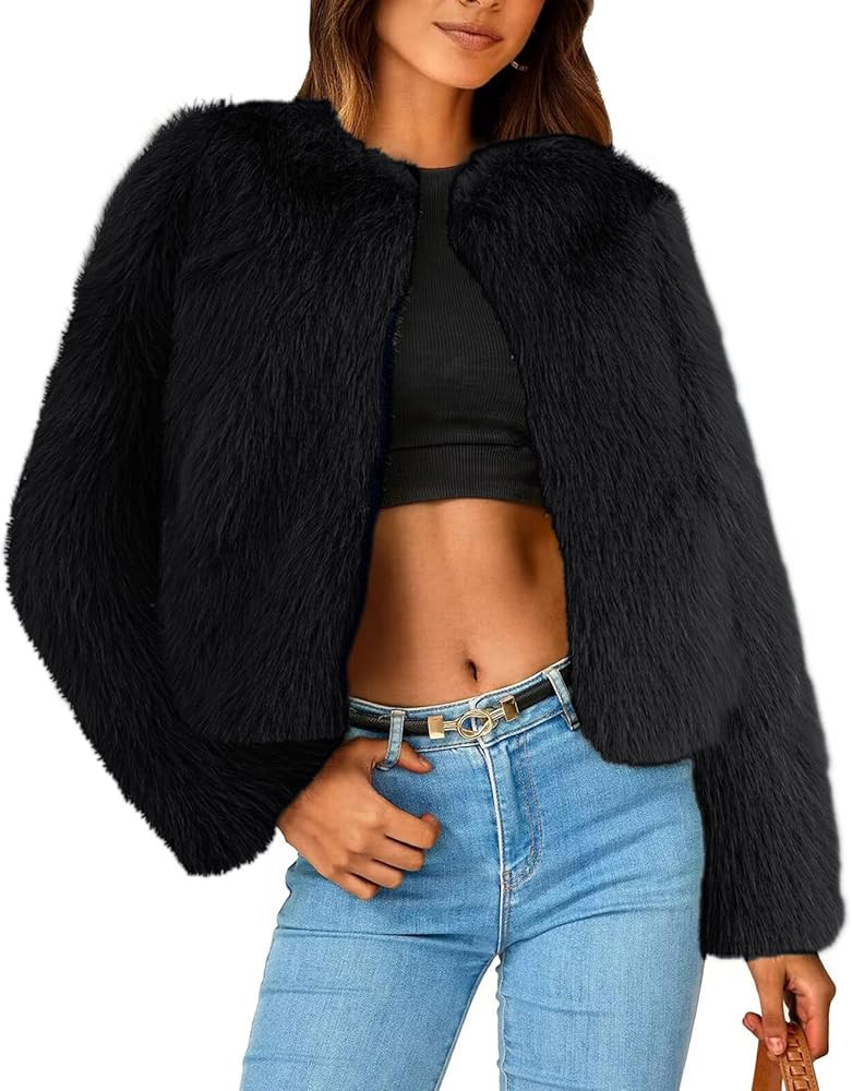 Simplee Women's Faux Fur Coat Furry Cropped Jacket Long Sleeve Warm Open Front Fur Jackets | Amazon (US)