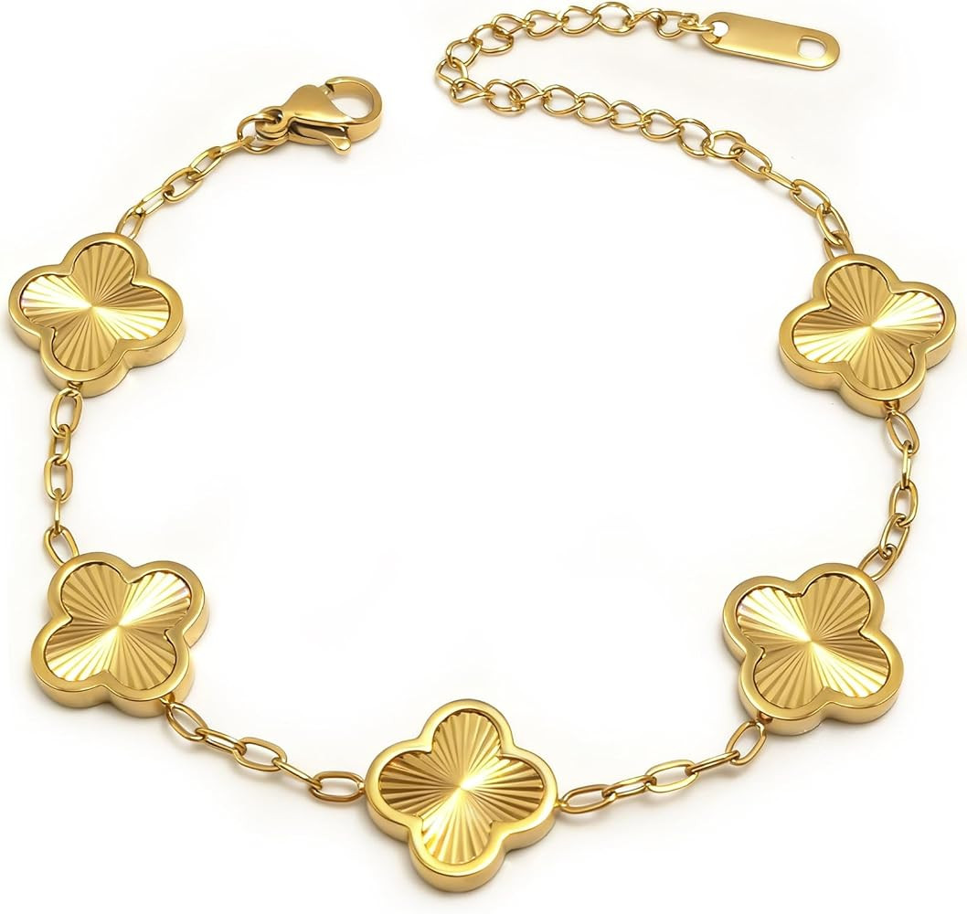 18K Gold Plated Bracelets for Women Non Tarnish, Golden/Red/White/Black Four Leaf Clover Bracelet... | Amazon (US)
