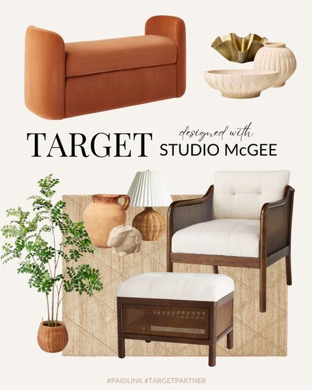 Target Studio McGee, upholstered bench, accent chair, ottoman, area rug, artificial tree, ceramic vase, bowl, table lamp, decorative bunny, jug 

#LTKstyletip #LTKhome #LTKsalealert