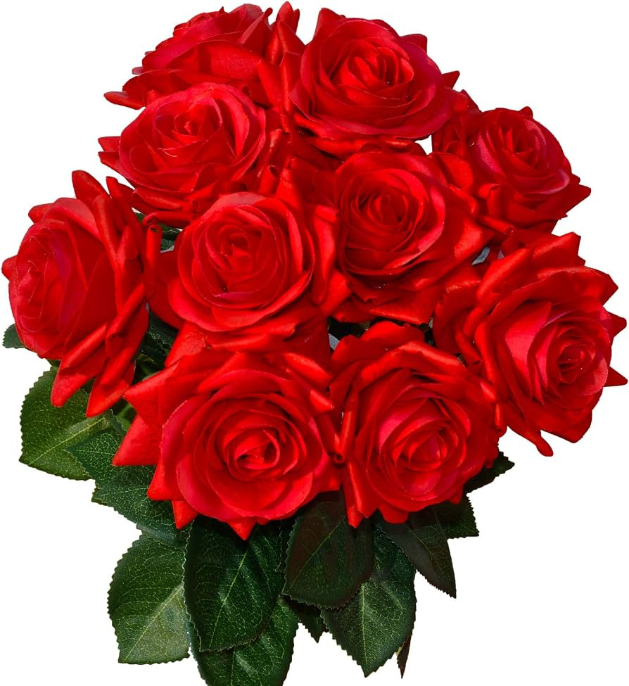 Mandy's 10pcs Red Fake Flowers Artificial Silk Rose Flowers Real Touch for Valentine’s Day Moth... | Amazon (US)