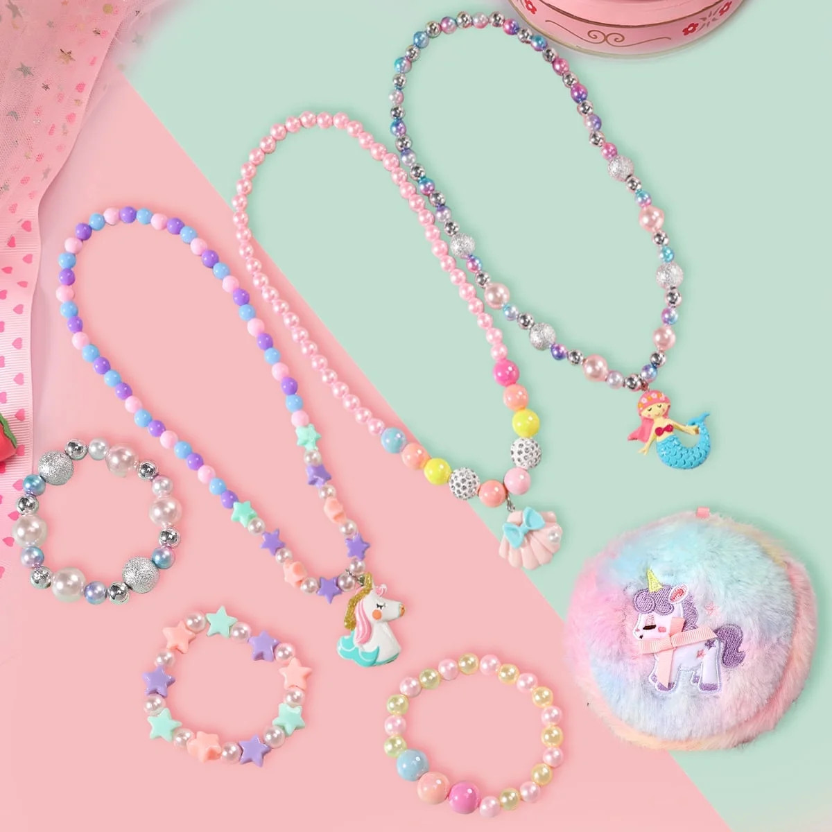 PinkSheep 6Pcs Jewelry Sets, Unicorn Mermaid Pendant Necklace Beaded Bracelet Jewelries for Dress... | Walmart (US)