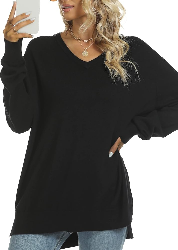 SPIEZ Women's Oversized Sweaters V Neck Knit Pullover Sweaters Long Sleeve Loose Fit Jumper Tops | Amazon (US)