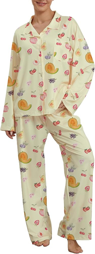 Women 2 Piece Floral Pajamas Fruit Lounge Set Y2k Long Sleeve Shirts Wide Leg Pants Pjs Matching ... | Amazon (US)