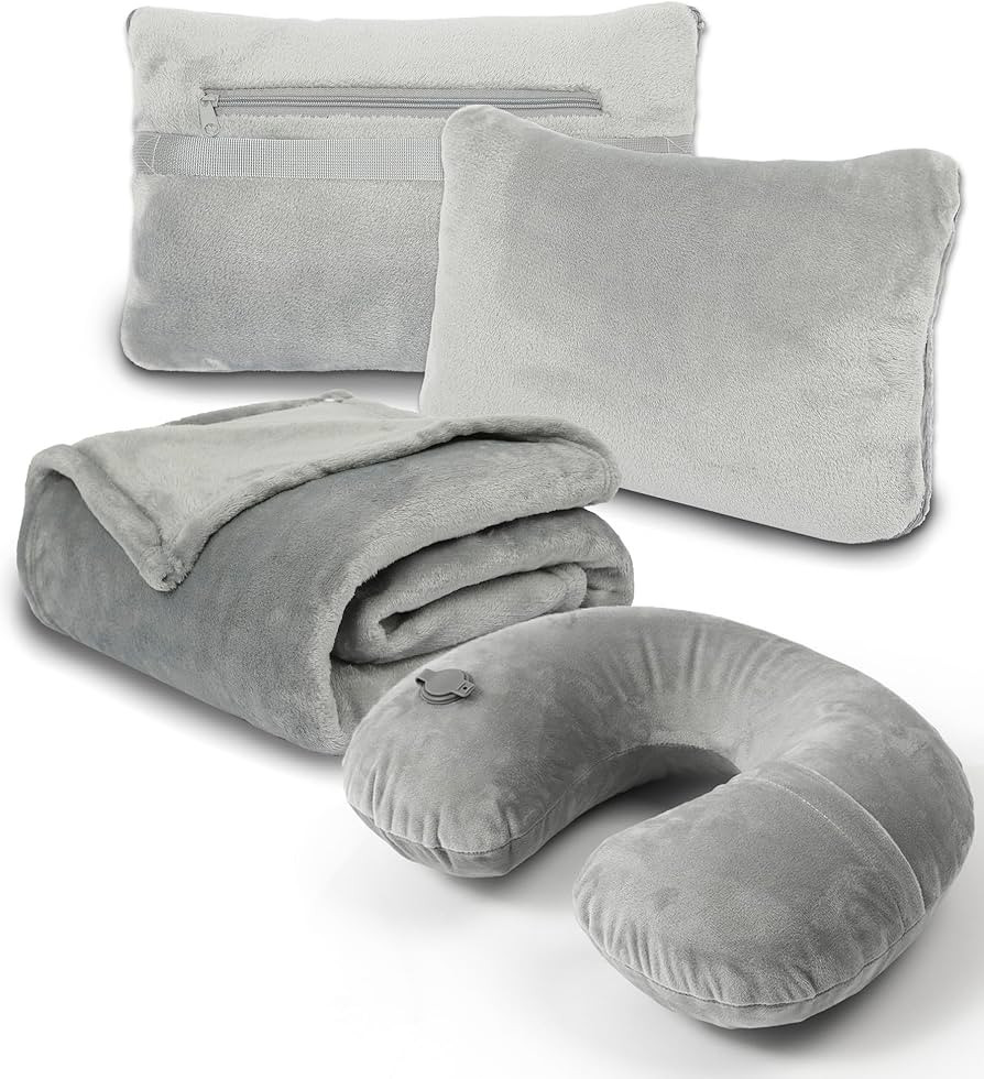 Travel Blanket and Pillow Set - Inflatable Travel Neck Pillow with Washable Soft Cover, Premium S... | Amazon (US)