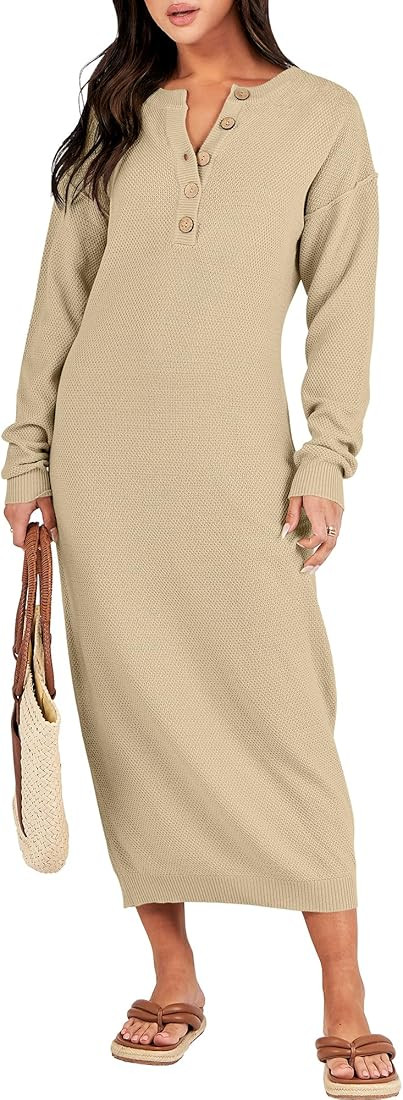 ANRABESS Women Sweater Dress Long Sleeve Button V Neck Oversized Casual Loose Fall Waffle Knit Lo... | Amazon (US)