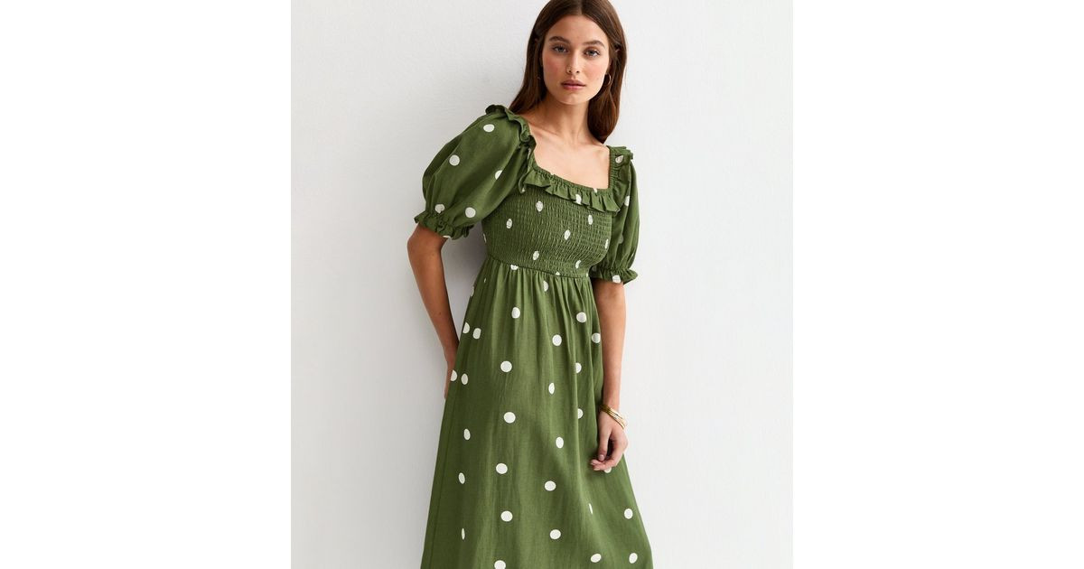 Green Polka Dot Puff Sleeve Shirred Midi Dress | New Look | New Look (UK)