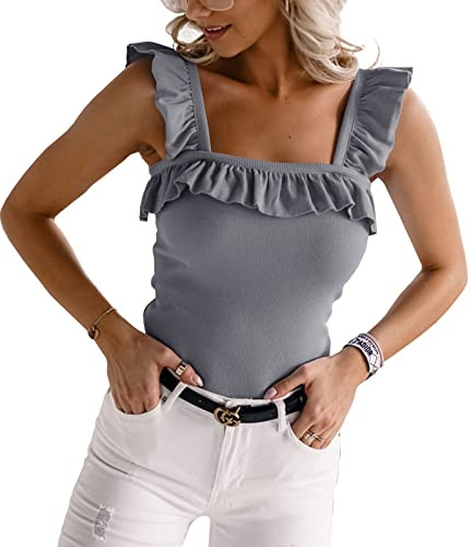 Womens Cute Sleeveless Tank Tops Ruffle Strap Square Neck Blouse Solid Color Knitted Camisole | Amazon (US)