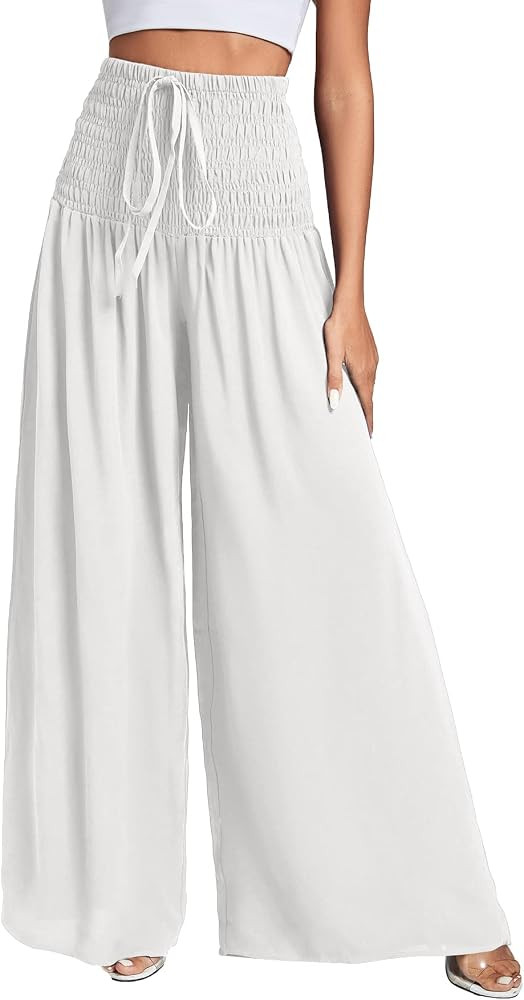 LYANER Women's Casual Drawstring Shirred Elastic Waist Wide Leg Palazzo Pants Loose Trousers | Amazon (US)