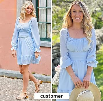 EXLURA Women Tie Back Summer Dresses Long Lantern Sleeve Square Neck Ruffle Elastic Waist Aline C... | Amazon (US)