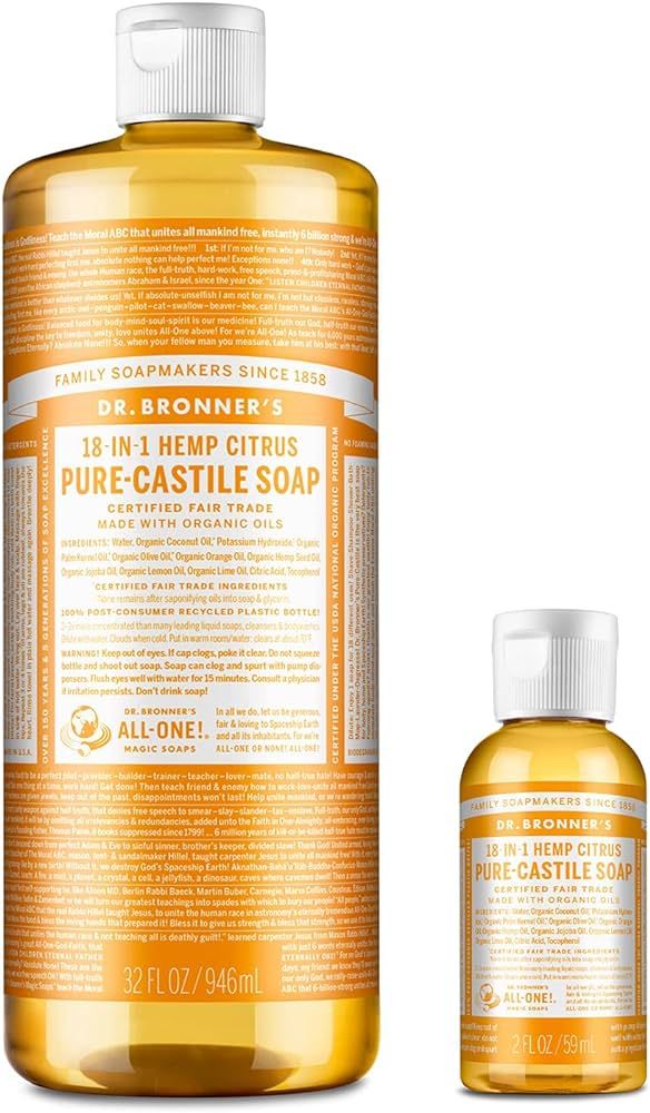 Dr. Bronner's Pure-Castile Liquid Soap – Citrus Bundle. 32 oz. Bottle and 2 oz. Travel Bottle | Amazon (US)