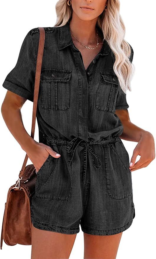 Paintcolors Women's Button Down Pockets Belted Washed Denim Jumpsuits Rompers | Amazon (US)