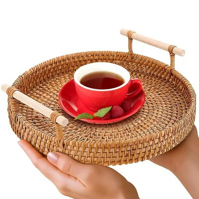 Rattan Tray 8.7 Inch Round Woven Serving Basket with Handles Decorative Tray for Coffee Table Bread Fruit Vegetables Restaurant Home Use | Target